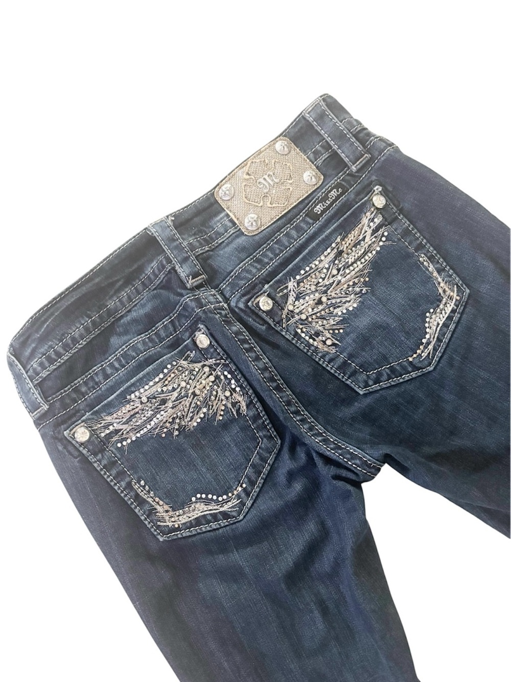 Miss Me Dark Blue Signature Slim Boot Cut Jeans with Embellished Wing Pockets